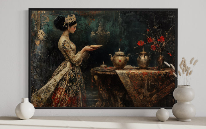 Persian Princess Serving Tea Framed Middle Eastern Canvas Wall Art