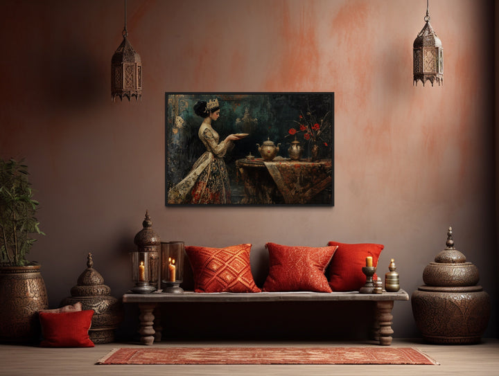 Persian Princess Serving Tea Framed Middle Eastern Canvas Wall Art