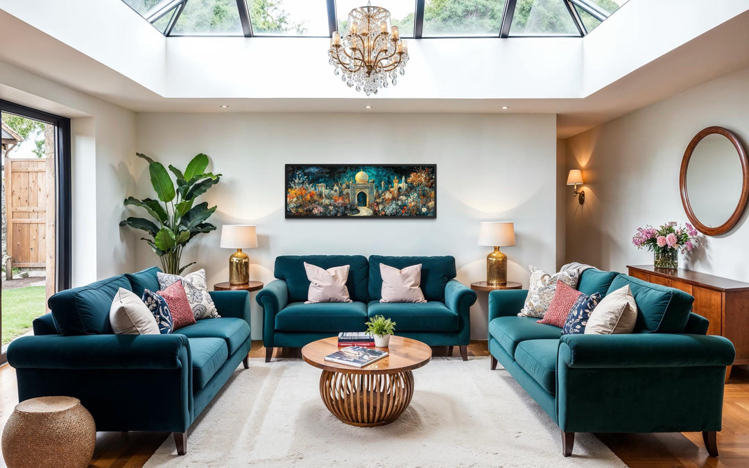 Persian Teal Gold Canvas – Panoramic Floral Palace Print | Middle Eastern Wall Art