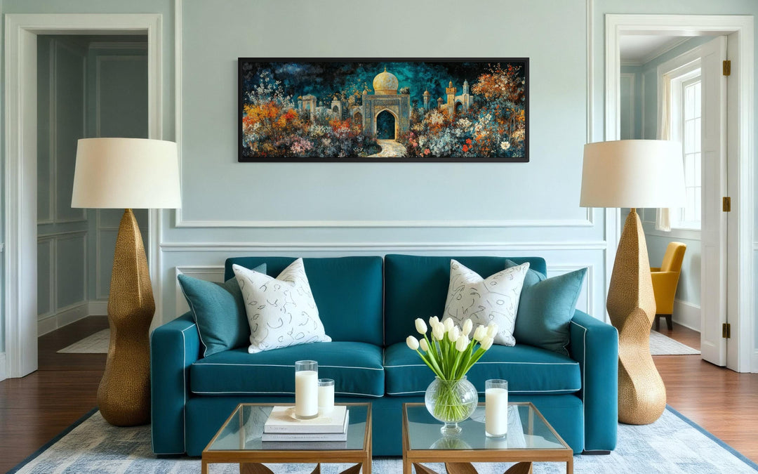 Persian Teal Gold Canvas – Panoramic Floral Palace Print | Middle Eastern Wall Art