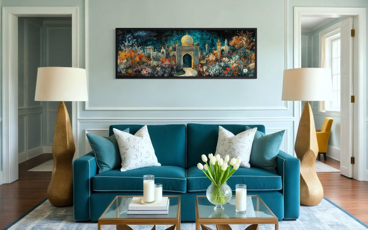 Persian Teal Gold Canvas – Panoramic Floral Palace Print | Middle Eastern Wall Art