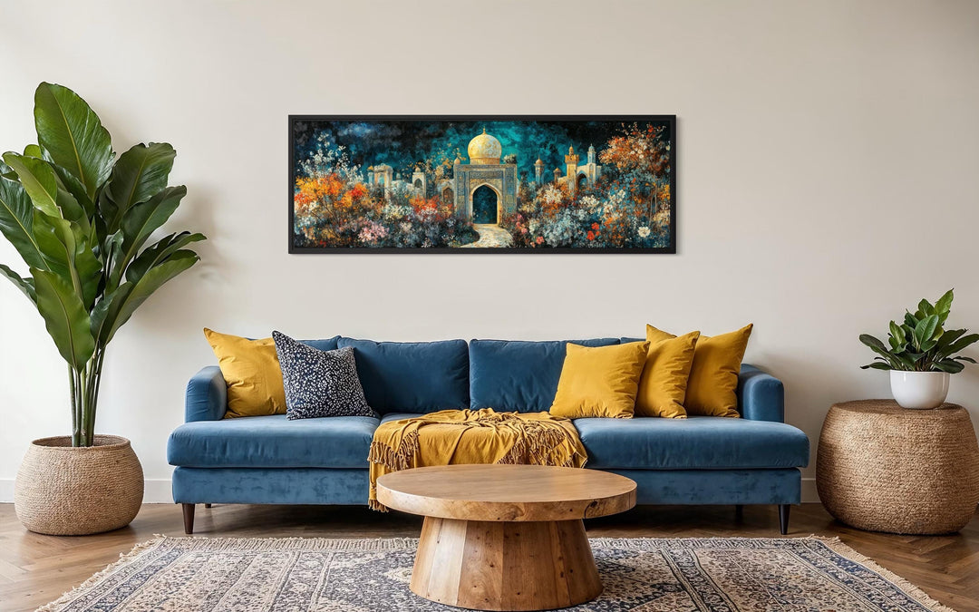 Persian Teal Gold Canvas – Panoramic Floral Palace Print | Middle Eastern Wall Art