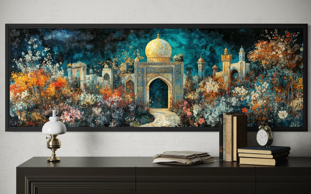 Panoramic Persian teal and gold canvas art of a floral palace garden above a dark wood console.
