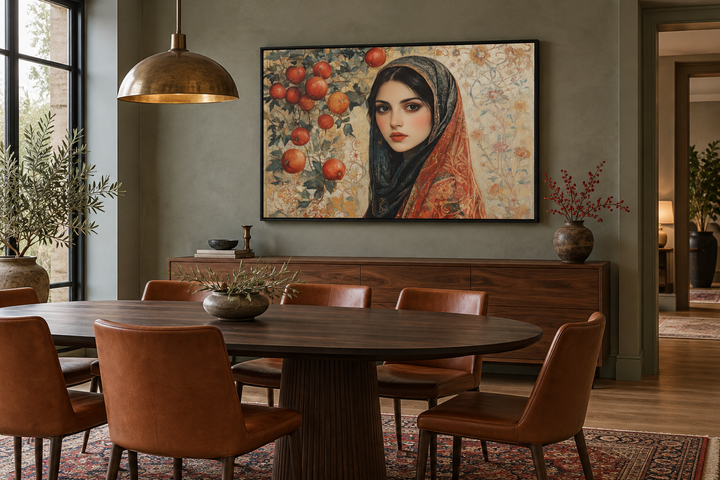 Framed canvas wall art of a Persian woman with apples in a dining room with a wooden table.