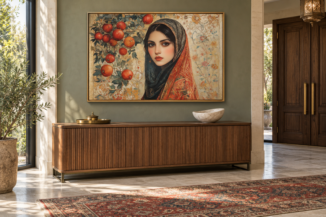 Framed canvas wall art of a Persian woman with apples, displayed above a wooden sideboard.