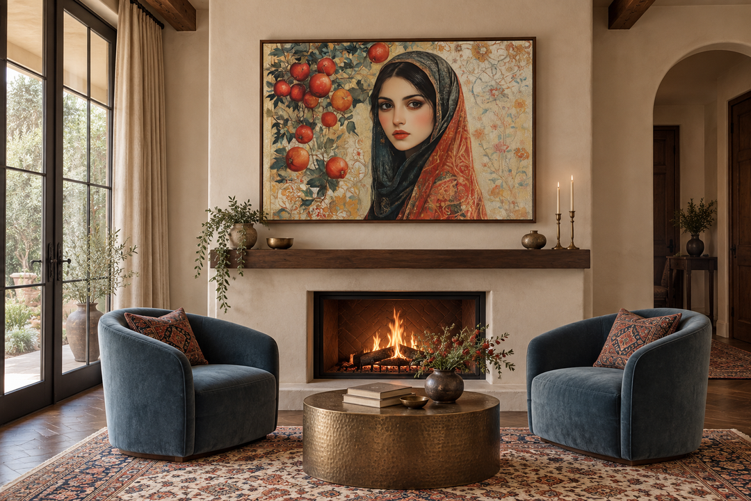 Framed canvas wall art of a Persian woman with apples hanging above a fireplace in a living room.