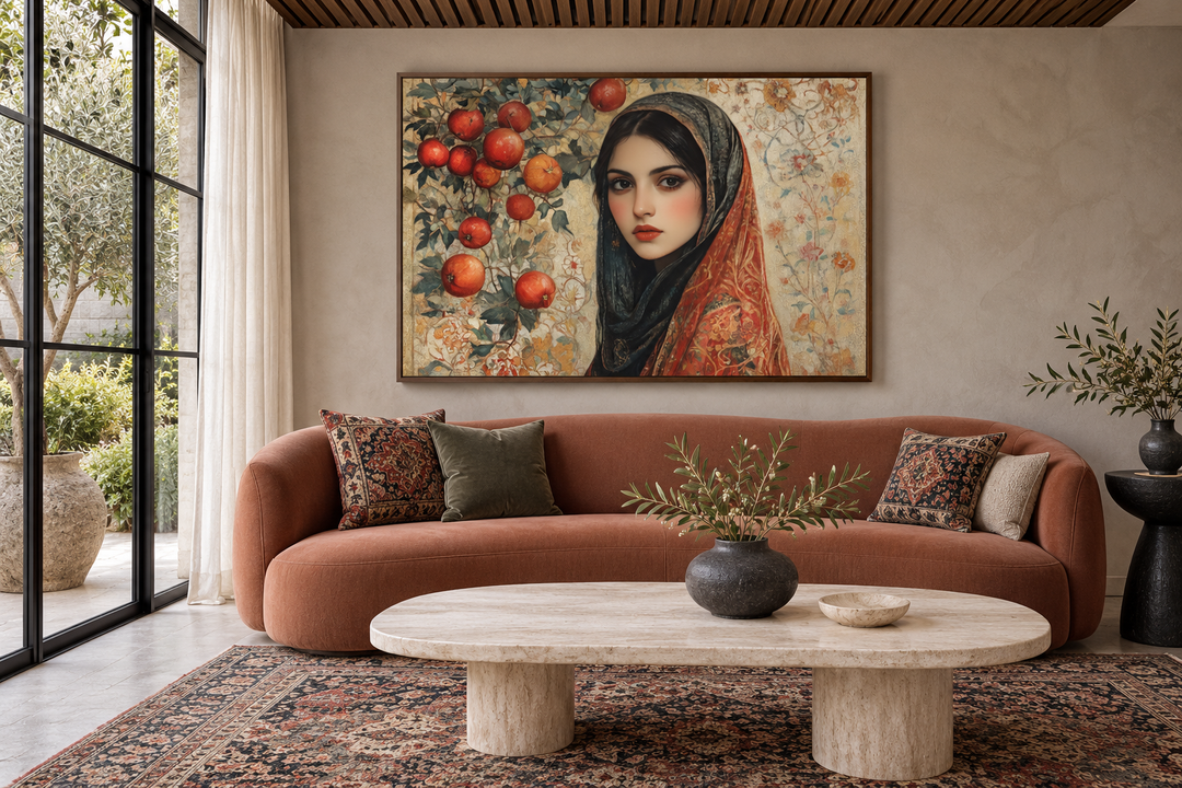 Framed canvas wall art of a Persian woman with apples in a modern living room setting.