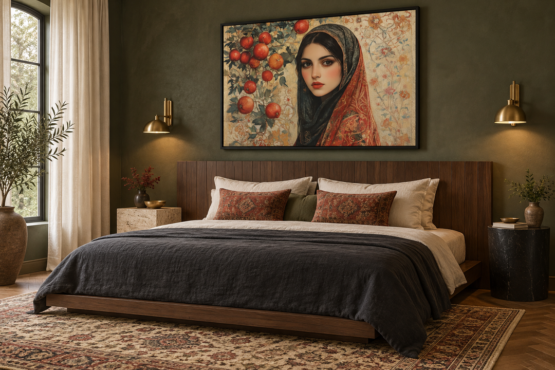 Framed canvas wall art of a Persian woman with apples above a bed in a dark green bedroom.