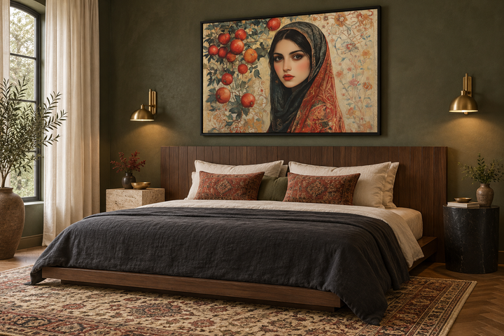 Framed canvas wall art of a Persian woman with apples above a bed in a dark green bedroom.