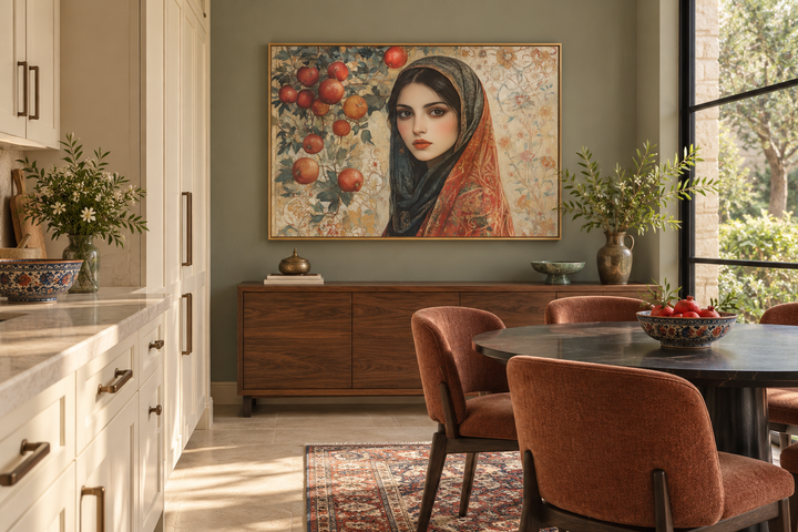 Framed canvas wall art of a Persian woman with apples in a dining room with warm, earthy tones.
