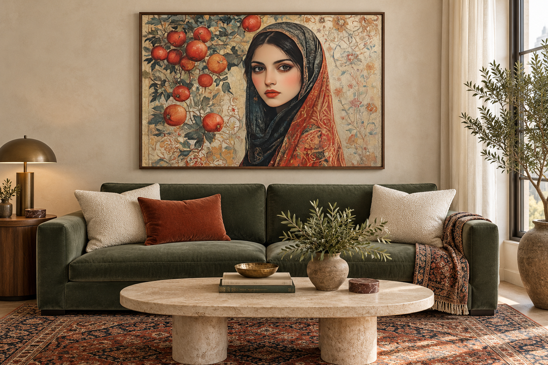 Framed canvas wall art of a Persian woman with apples above a green sofa in a living room.