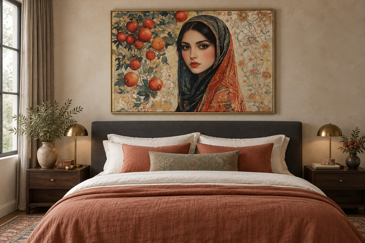 Framed canvas wall art of a Persian woman with apples hanging above a bed in a modern bedroom.