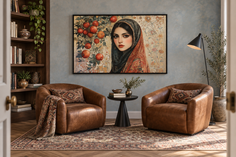 Framed canvas wall art of a Persian woman with apples in a cozy reading room with leather chairs.