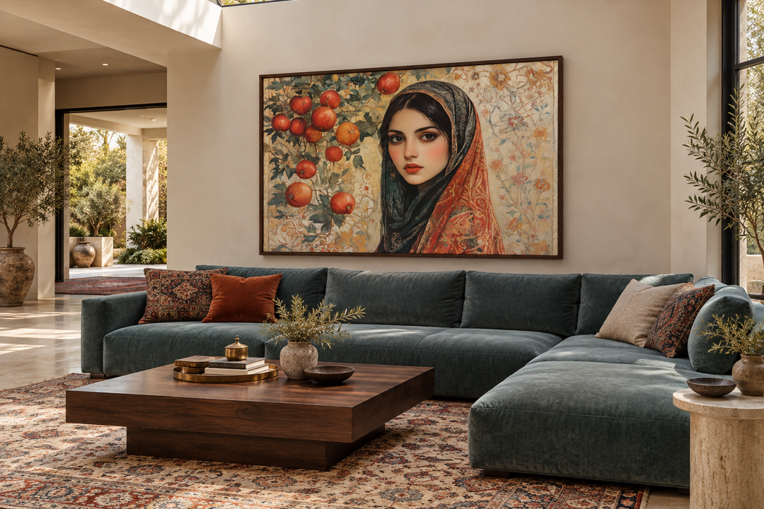 Framed canvas wall art of a Persian woman with apples above a modern teal sectional sofa.