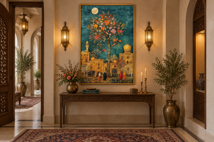 Framed canvas art of a moonlit Persian garden and architecture above a wooden console table.