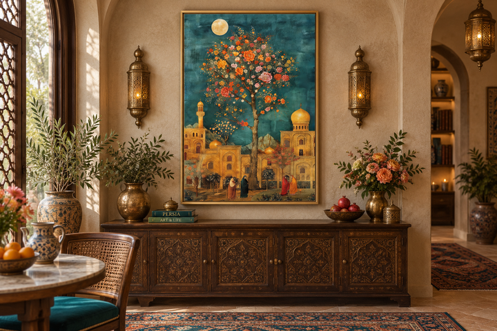 Persian garden and architecture under moonlight framed canvas wall art above a wooden sideboard.