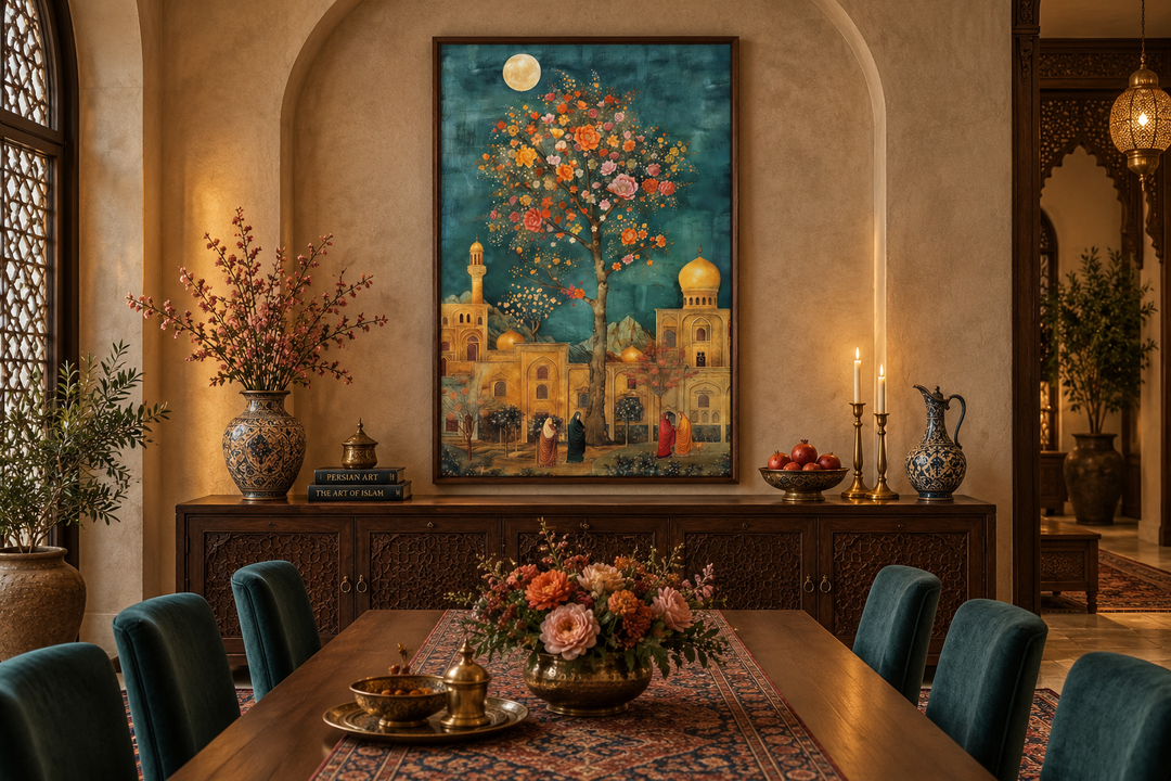 Persian garden and architecture under moonlight framed canvas wall art in a dining room setting.