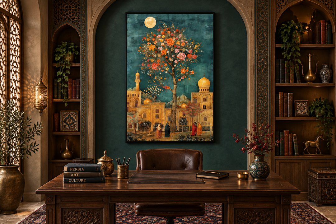 Persian garden and architecture under moonlight framed canvas wall art in a traditional home office.