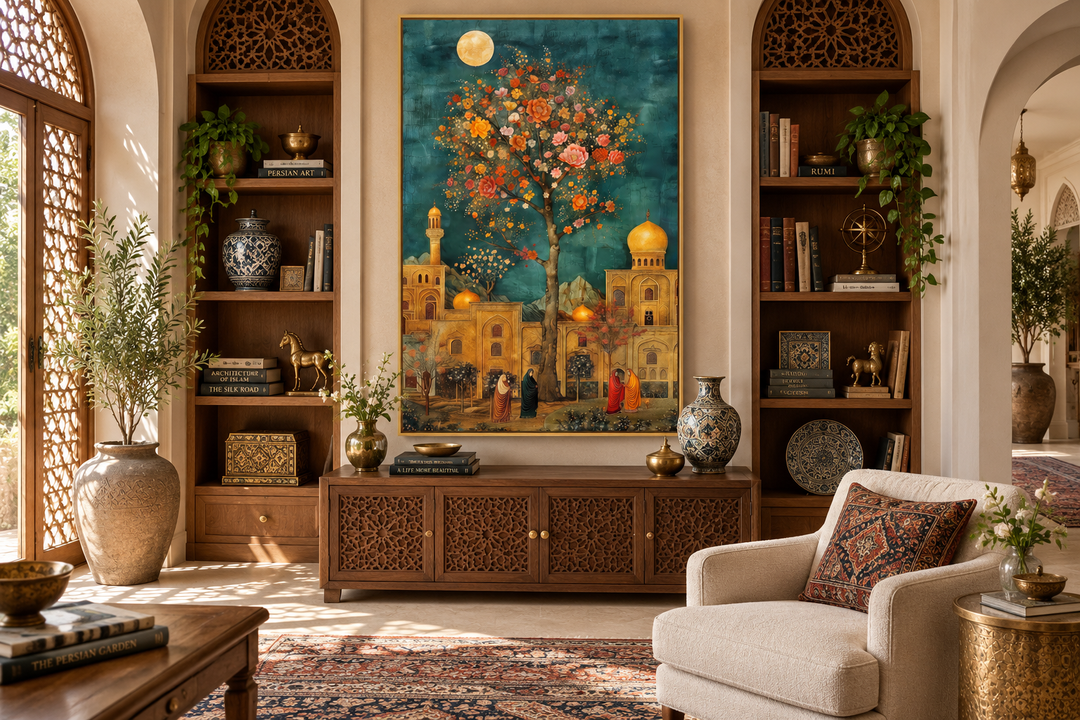 Framed canvas wall art depicting a moonlit Persian garden with architecture and floral trees.