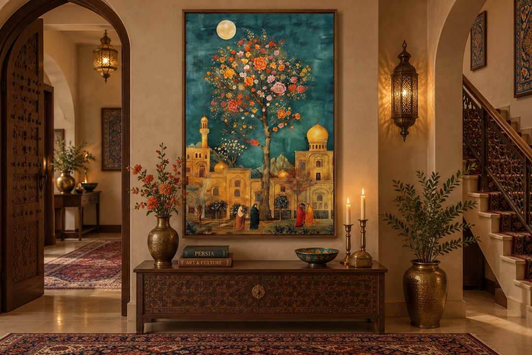 Framed canvas wall art of a Persian garden and architecture under a moonlit sky with a floral tree.