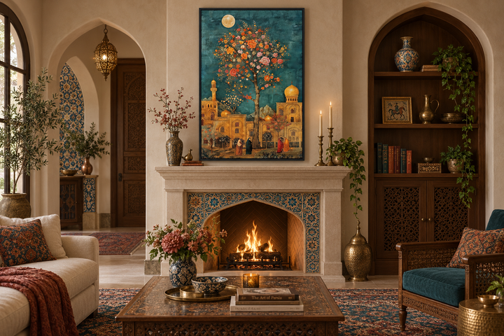 Persian garden and architecture under moonlight framed canvas wall art above a fireplace.
