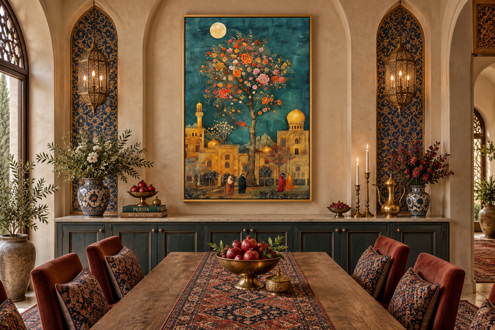 Persian garden and architecture under moonlight framed canvas wall art in a dining room setting.