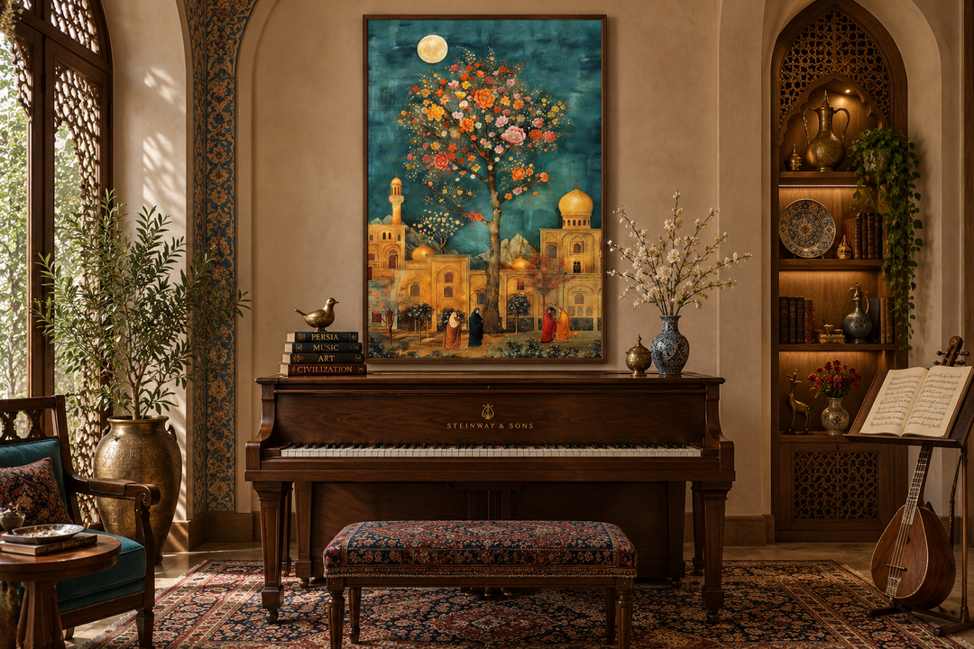 Framed canvas wall art of a moonlit Persian garden and architecture above a piano in a room.