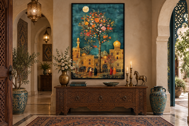 Persian garden and architecture under moonlight framed canvas wall art in a traditional interior.