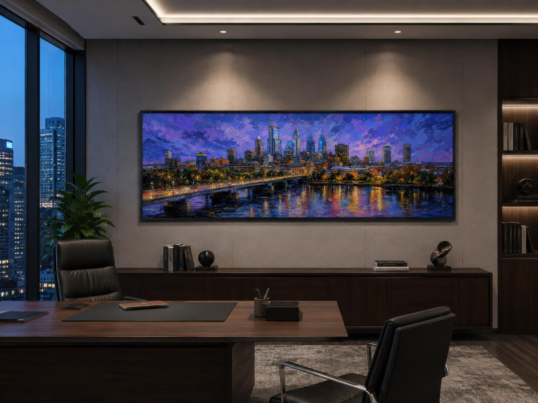Philadelphia skyline wall art in a long horizontal canvas with a floating frame in a modern office.