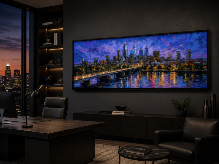 Philadelphia skyline wall art, long horizontal canvas cityscape print with a black floating frame.