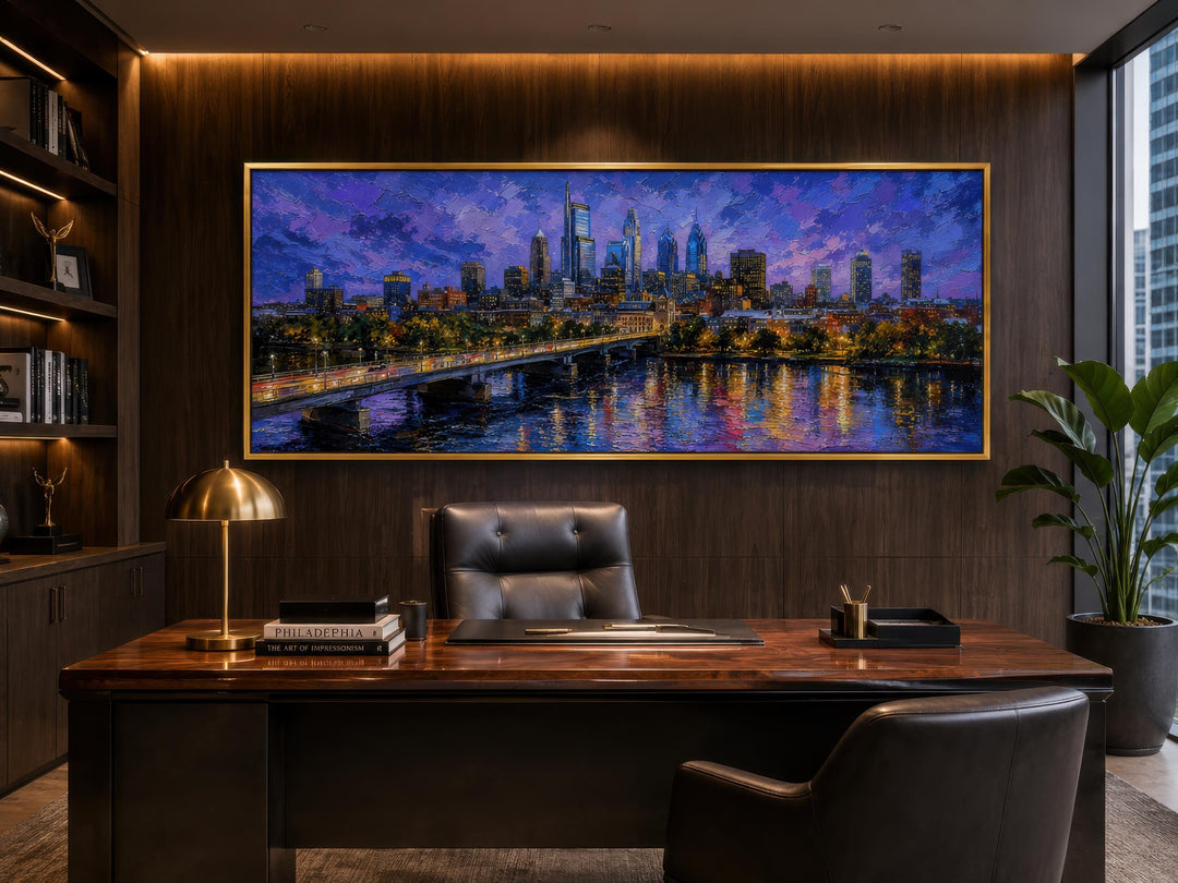Philadelphia skyline wall art in a long horizontal canvas with a gold floating frame in an office.