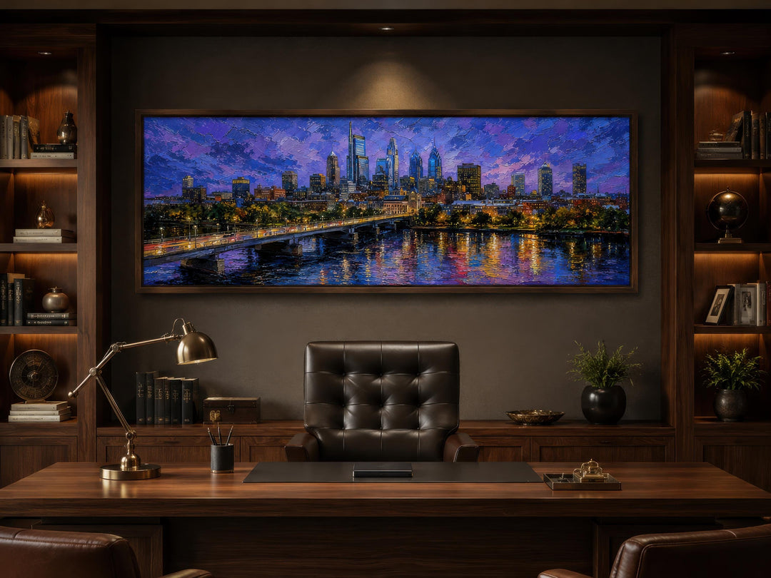 Philadelphia skyline wall art in a floating frame above a dark wood desk in a home office.
