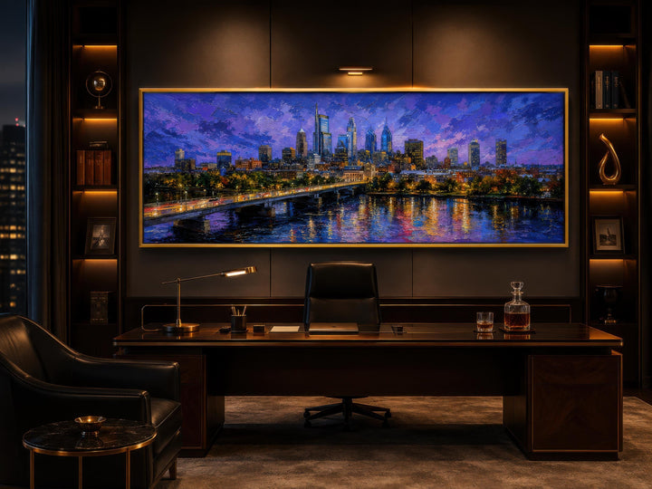 Philadelphia skyline wall art in a long horizontal canvas print with a gold floating frame.