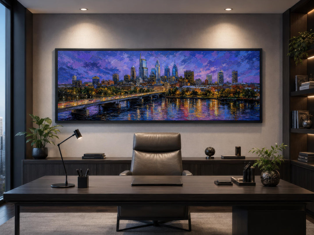 Philadelphia skyline wall art horizontal canvas cityscape print with a black floating frame.