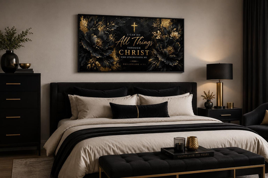 Philippians 4:13 Christian wall art canvas with gold floral accents above a black and beige bed.