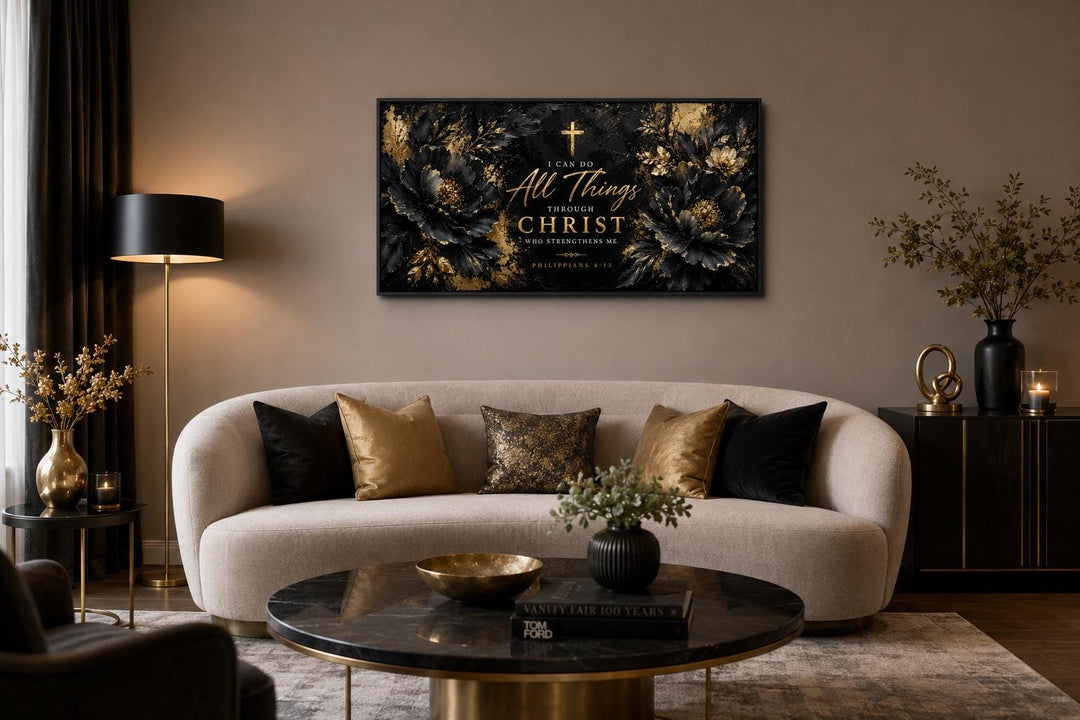 Philippians 4:13 Christian wall art with gold floral accents and scripture on a black background.