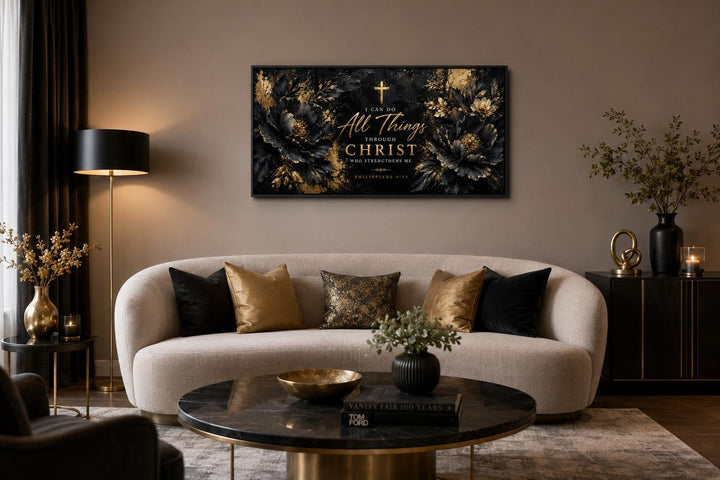 Philippians 4:13 Christian wall art with gold floral accents and scripture on a black background.