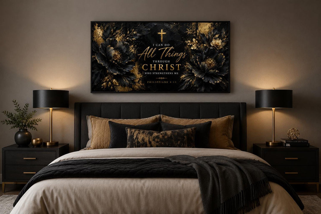 Philippians 4:13 Christian wall art canvas with gold script over a bed in a modern bedroom.
