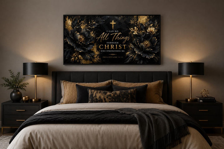 Philippians 4:13 Christian wall art canvas with gold script over a bed in a modern bedroom.