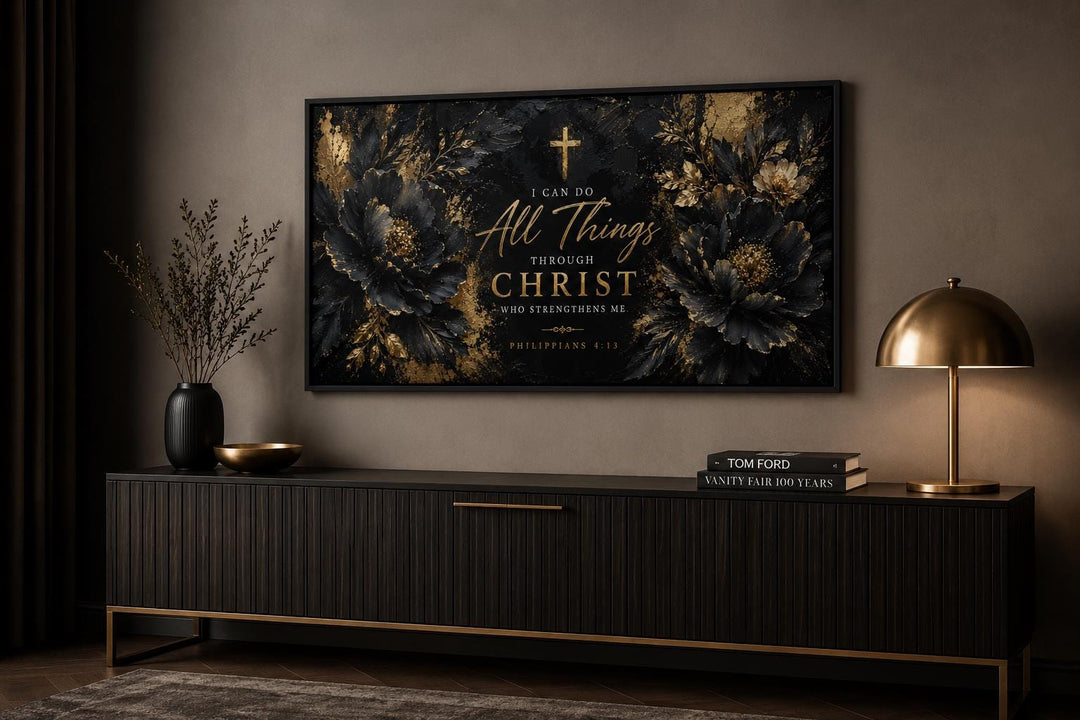 Philippians 4:13 canvas print with gold lettering and floral accents on a black background.