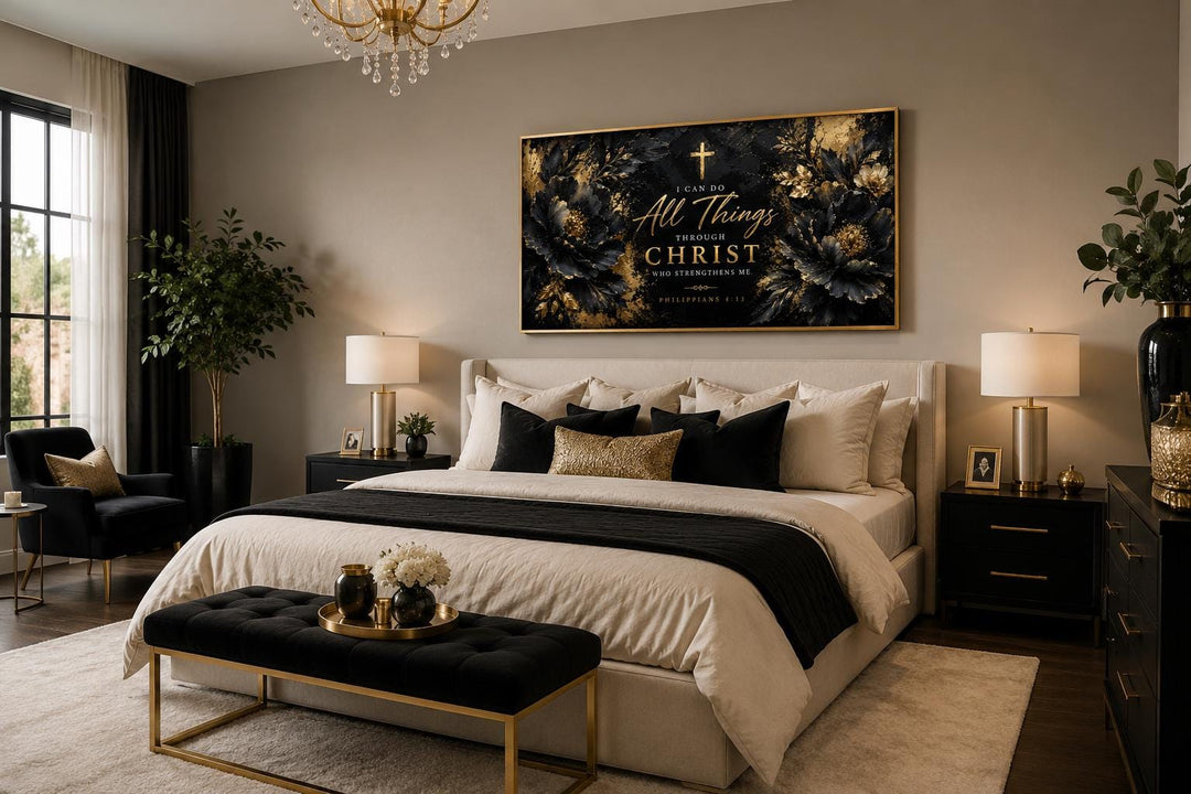 Philippians 4:13 Scripture wall art with gold lettering and floral accents over a bedroom headboard.