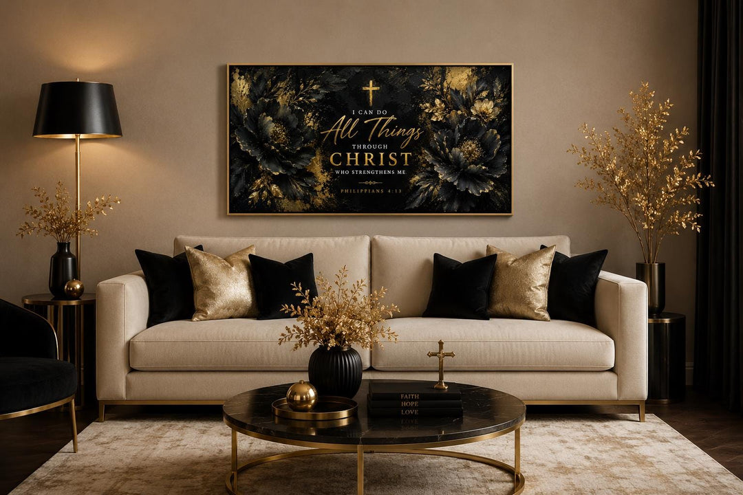 Philippians 4:13 Christian wall art with gold lettering and floral accents on a black background.
