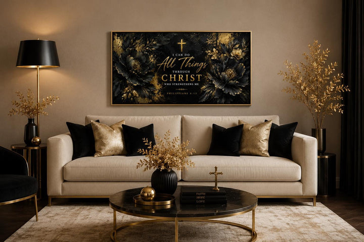 Philippians 4:13 Christian wall art with gold lettering and floral accents on a black background.