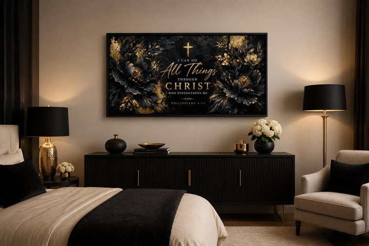 Philippians 4:13 Scripture wall art canvas with gold lettering and floral accents in a bedroom.