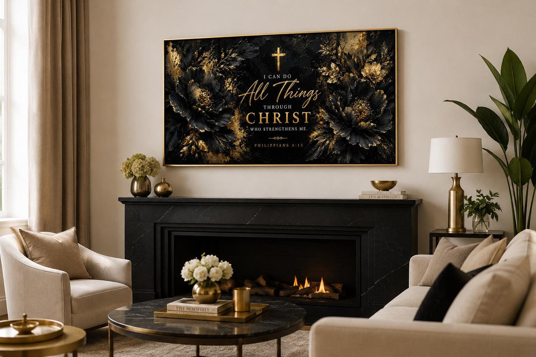 Philippians 4:13 Christian wall art with gold script on black floral canvas above a fireplace.