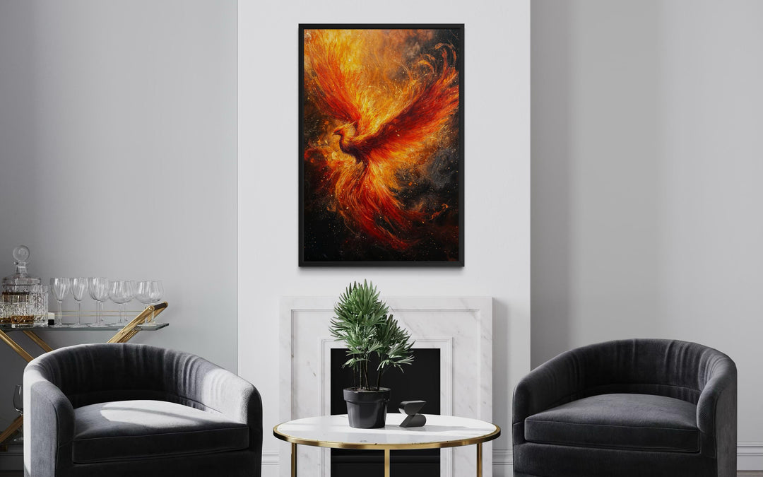 Vertical canvas wall art of a fiery phoenix rising, framed and hung above a modern fireplace.