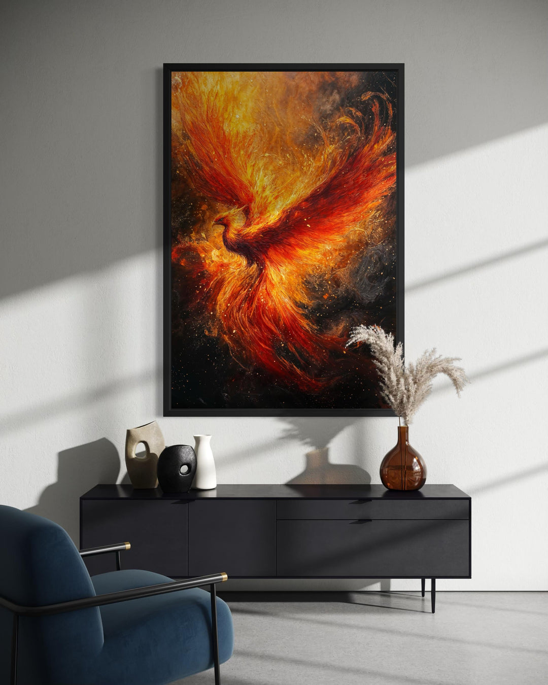Vertical canvas wall art featuring a fiery phoenix rising against a dark, atmospheric background.