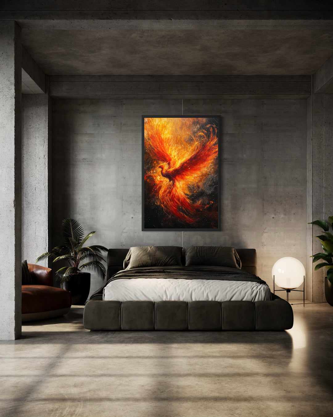 Vertical canvas wall art of a fiery phoenix rising, displayed in a modern concrete bedroom.
