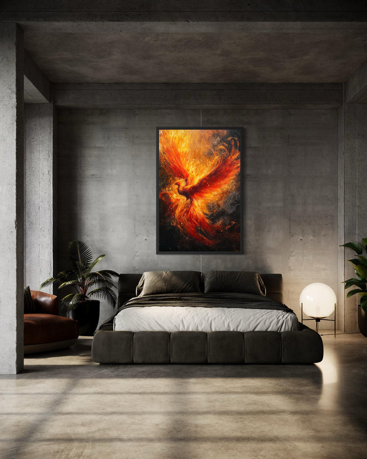 Vertical canvas wall art of a fiery phoenix rising, displayed in a modern concrete bedroom.
