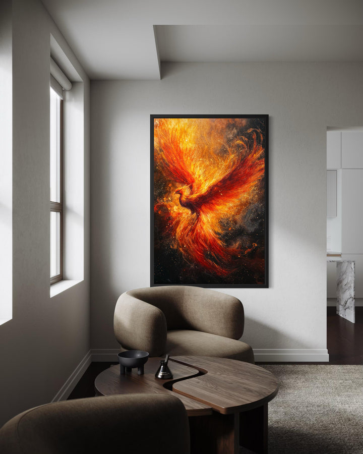 Vertical canvas wall art featuring a fiery phoenix rising against a dark, atmospheric background.